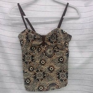 Ibiza Swimwear Womens Tankini Swim Top Size 10 Brown Black Floral No Padding